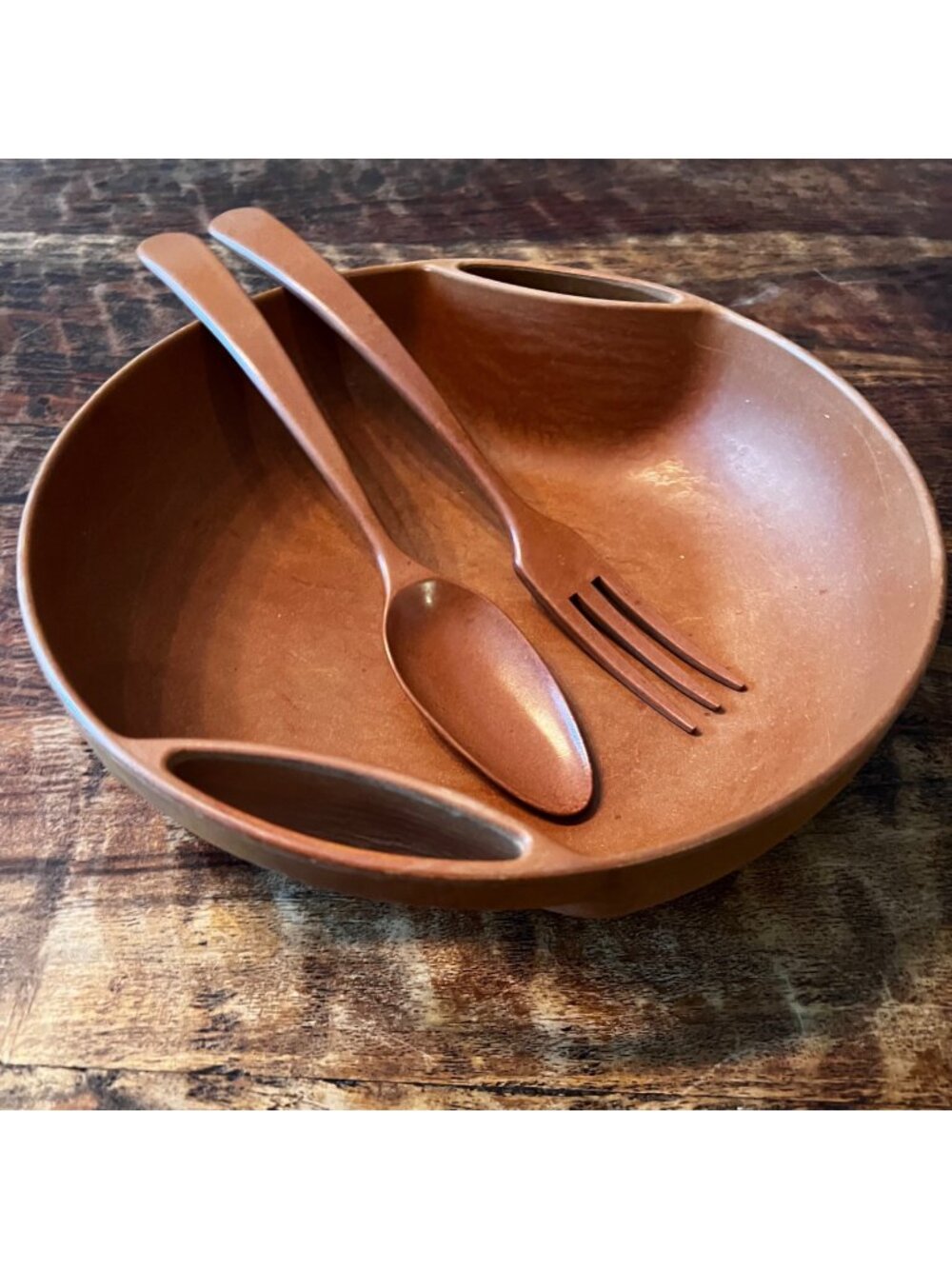 Vintage Ellingers Agatized Wood Salad Bowl With Handles And Serving Utensils